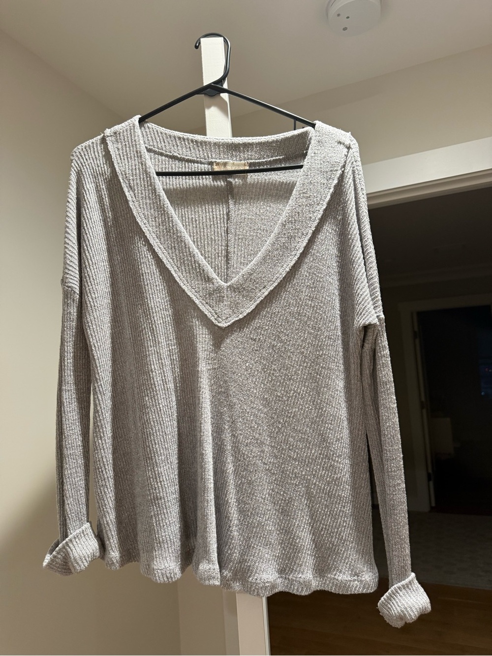 Altar'd State Light Gray V-Neck Ribbed Knit Sweater